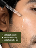 Dropper applying PROWL Acne Control Face Serum to a cheek, with text noting its lightweight texture and comfortable absorption.