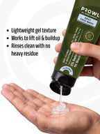 Squeezing PROWL Daily Face Wash into a palm next to text noting its lightweight gel texture that rinses clean.