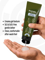Hands dispensing clear PROWL Gentle Face Wash gel, alongside text noting a creamy texture and SLS-free gentle lather.