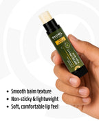 Hand holding an open PROWL Daily Lip Balm, next to text noting its smooth balm texture that is non-sticky and lightweight.