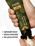 Dispensing PROWL Daily Sunscreen into a palm alongside text noting its lightweight, non-greasy texture that absorbs comfortably.