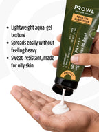 Hand squeezing white PROWL aqua gel sunscreen from the tube, with text noting a lightweight, sweat-resistant texture.