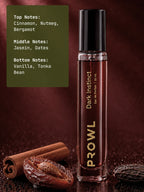 PROWL Dark Instinct perfume vial placed among cinnamon and dates next to text detailing its cinnamon, jasmine, and vanilla notes.