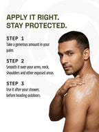 Man spreading PROWL Daily Body Lotion on his shoulder next to a three-step daily application and protection guide.