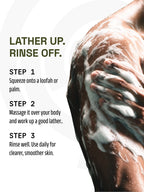 Man massaging PROWL Daily Body Wash Gel into a rich lather alongside a daily 3-step shower guide.