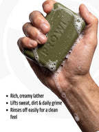 Hand holding lathered PROWL Detan Body Soap beside text noting its rich lather lifts grime and rinses clean.
