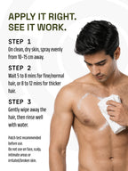 Man wiping his chest with a white cloth next to a three-step daily guide for applying and removing body hair spray.
