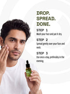 Man spreading PROWL Brightening Face Serum on his cheek alongside a three-step daily application guide.