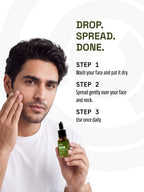 Man gently spreading PROWL Acne Control Face Serum over his cheek alongside a three-step daily application guide.