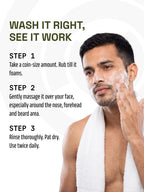 Man massaging lather onto his cheek next to a three-step daily face washing guide.