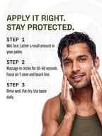 Man lathering PROWL Gentle Face Wash on his cheeks next to a three-step guide for proper daily application.