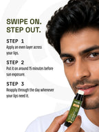 Man applying PROWL Daily Lip Balm to his lips next to a three-step daily application and sun protection guide.
