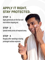 Smiling man with a towel draped around his neck applying PROWL Daily Sunscreen to his cheek next to a three-step daily protection guide.