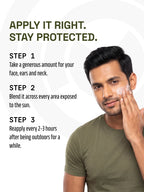 Man applying PROWL aqua gel sunscreen to his face alongside text detailing a three-step application process.