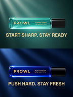 Split graphic showing the PROWL Fresh Start and Active Rush perfume vials glowing alongside motivational text.