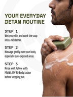 Man massaging lathered PROWL Detan Body Soap on his shoulder alongside a daily 3-step detan routine guide.
