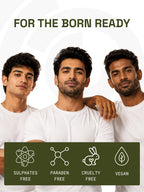 Three men smiling below For The Born Ready text and icons showing PROWL Body Hair Removal Spray is vegan, cruelty-free, paraben-free, and sulphates-free.