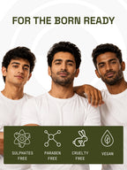Three men smiling below For The Born Ready text and icons showing PROWL Acne Control Face Serum is vegan and cruelty-free.