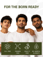 Three men smiling below For The Born Ready text and icons indicating PROWL Daily Face Wash is SLS-free, paraben-free, cruelty-free, and contains no harmful elements.