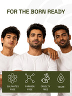 Three men smiling below For The Born Ready text and icons showing PROWL Gentle Face Wash is vegan and cruelty-free.