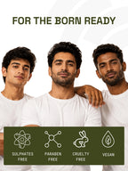 Three men smiling below For The Born Ready text and icons showing PROWL products are vegan, cruelty-free, sulphates-free, and paraben-free.