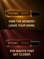 Split graphic featuring the glowing PROWL Alpha Wood and Dark Instinct perfume vials accompanied by bold marketing slogans.