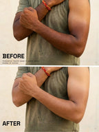 Before and after comparison of a man's arm showing tan reduction after using PROWL Detan Body Soap.