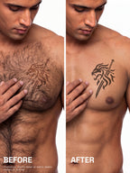 Side-by-side comparison showing a man's hairy chest with a lion tattoo on the left, and a smooth, hair-free chest with the same tattoo on the right.